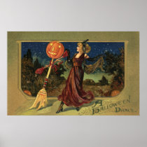 De vintage Heks die van Halloween met een Bezem da