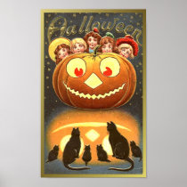Katten die op Kind en Pompoen Vintage Halloween le