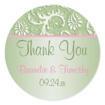 Roze en Groen BloemenDamast 1.5" Ronde Sticker