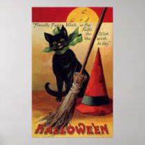 Vintage Halloween met een Zwart Kat, een Bezem en 