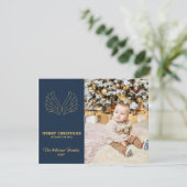 Кerst blauw gouden engelenvleugels familie fotokaa feestdagenkaart (Staand voorkant)