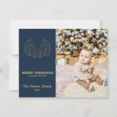 Кerst blauw gouden engelenvleugels familie fotokaa feestdagenkaart (Voorkant)
