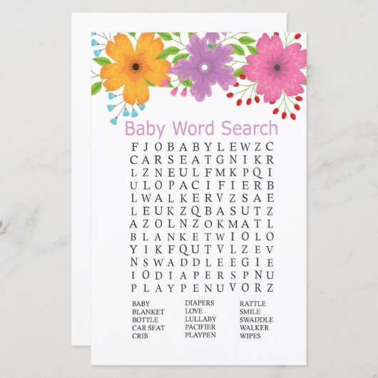 С bloemen Baby shower Word Search Game (Voorkant / Achterkant)