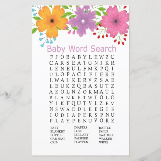 С bloemen Baby shower Word Search Game (Voorkant)