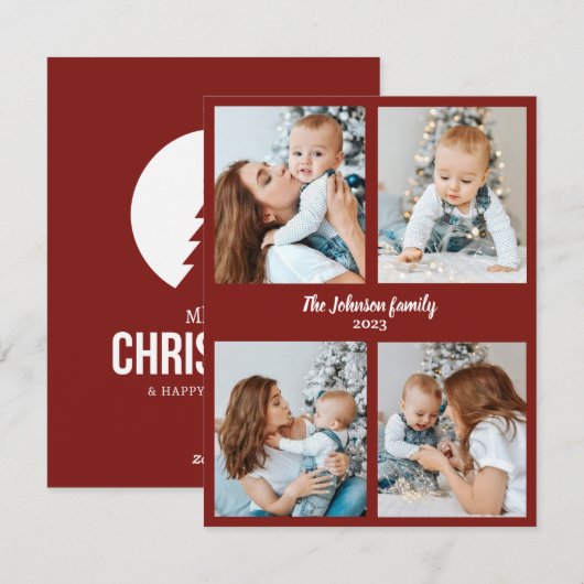 С hristmas fotokaart rood & wit vier foto feestdagenkaart (Voorkant / Achterkant)