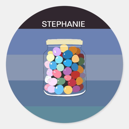С kleurrijke snoepjes in een glazen pot ronde sticker (Voorkant)