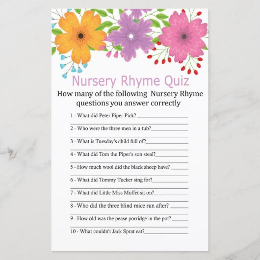 С uilbloemen Nursery Rhyme Quiz baby shower game (Voorkant)
