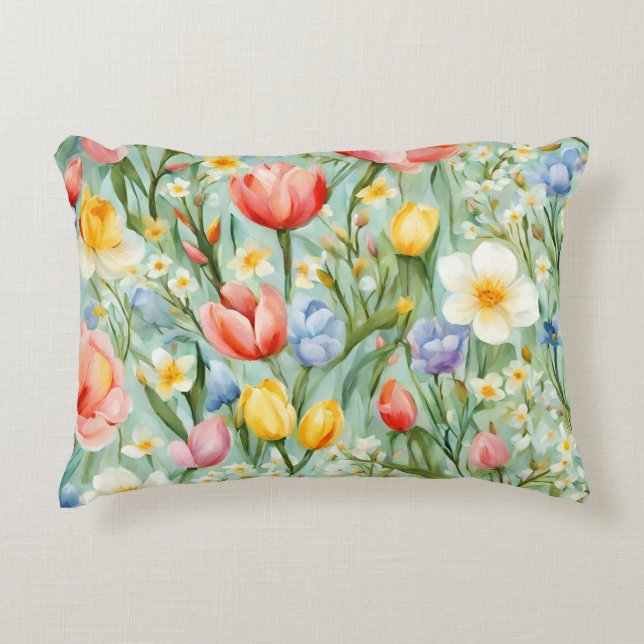 СKleurrijk lente bloemenveld. Schilderen Accent Kussen (Voorkant)