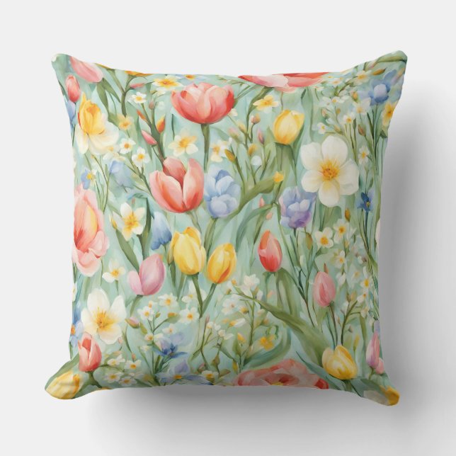 СKleurrijk lente bloemenveld. Schilderen Buitenkussen (Voorkant)