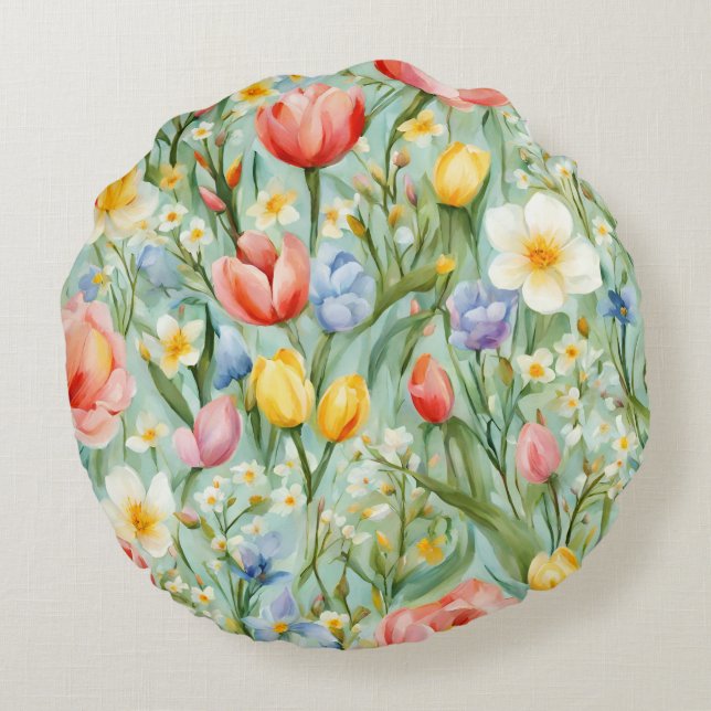 СKleurrijk lente bloemenveld. Schilderen Rond Kussen (Achterkant)