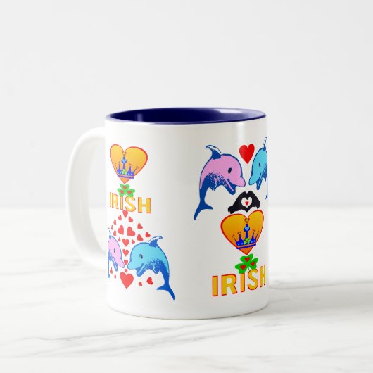♥ ت☘Ik hou van Irish-Frisky Dolphin Couple Fab Cla Tweekleurige Koffiemok (Voorkant links)