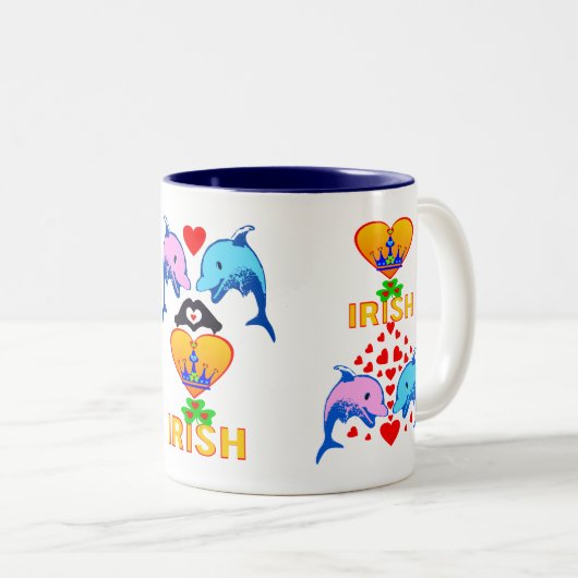 ♥ ت☘Ik hou van Irish-Frisky Dolphin Couple Fab Cla Tweekleurige Koffiemok (Voorkant rechts)