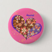 かわいいピンクの鮮やかなお花模様レトロハート♡ RONDE BUTTON 5,7 CM (Voorkant)
