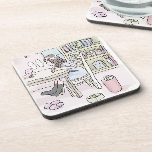 さいくさじ　お部屋で机に向かう BIER ONDERZETTER (Linkerzijde)