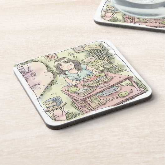 さないやじ 散らかったお部屋の雑貨の置いてある棚を片付ける女性のイラスト BIER ONDERZETTER (Linkerzijde)