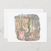 さなくなじ 薄暗いお部屋の植木とカーテンのそばで淡く光る物体を見つめる女性の後ろ姿のイラス BRIEFKAART (Voorkant / Achterkant)