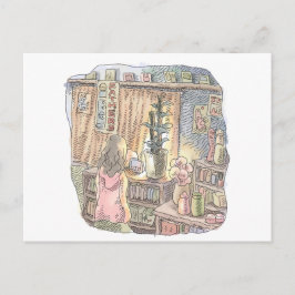 さなくなじ 薄暗いお部屋の植木とカーテンのそばで淡く光る物体を見つめる女性の後ろ姿のイラス BRIEFKAART