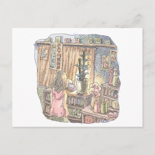 さなくなじ 薄暗いお部屋の植木とカーテンのそばで淡く光る物体を見つめる女性の後ろ姿のイラス BRIEFKAART (Voorkant)