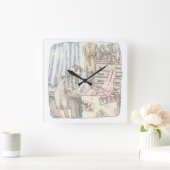 さなごなじ 箪笥のあるお部屋で段ボールの中のウサギに手を差し伸べる女性のイラスト VIERKANTE KLOK (Huis)