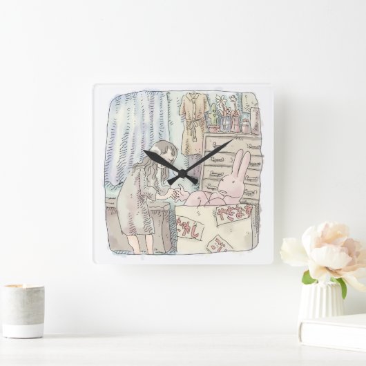 さなごなじ 箪笥のあるお部屋で段ボールの中のウサギに手を差し伸べる女性のイラスト VIERKANTE KLOK (Huis)