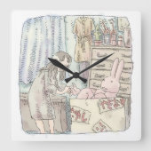 さなごなじ 箪笥のあるお部屋で段ボールの中のウサギに手を差し伸べる女性のイラスト VIERKANTE KLOK (Voorkant)