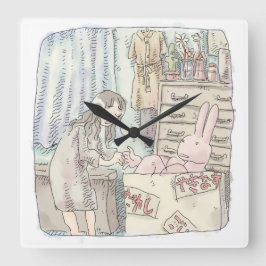 さなごなじ　　箪笥のあるお部屋で段ボールの中のウサギに手を差し伸べる女性のイラスト VIERKANTE KLOK