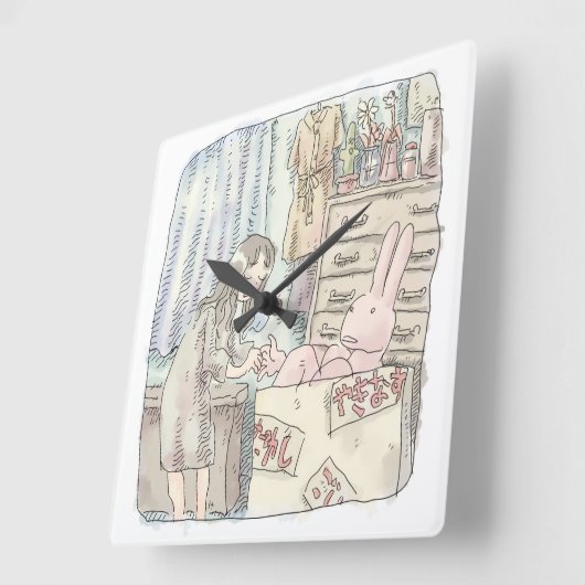 さなごなじ 箪笥のあるお部屋で段ボールの中のウサギに手を差し伸べる女性のイラスト VIERKANTE KLOK (Hoek)