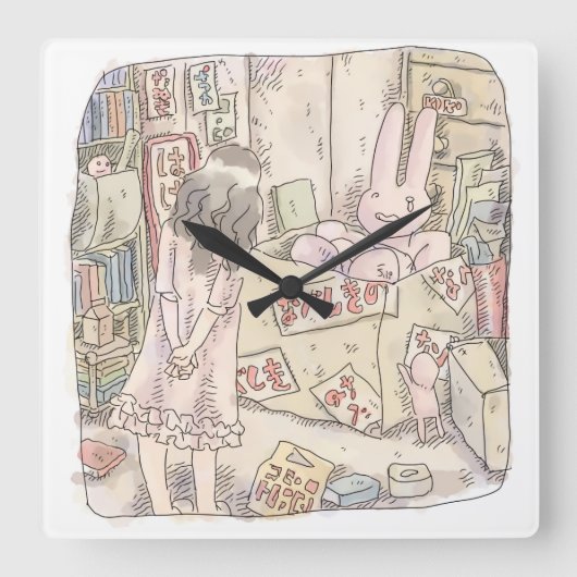 さなごむじ お部屋の段ボールの中で震えているウサギを見ている女性のイラスト VIERKANTE KLOK (Voorkant)