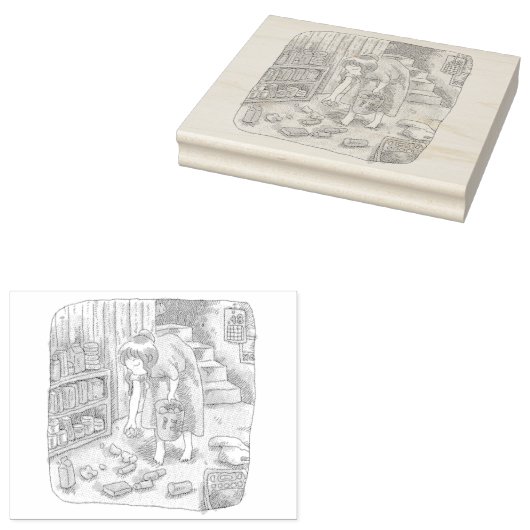 さなささじ  部屋の階段わきで屈んでたくさん落ちているゴミを拾う女性のイラスト RUBBERSTEMPEL (Gestempeld)