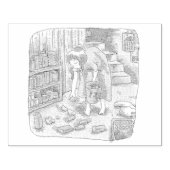 さなささじ  部屋の階段わきで屈んでたくさん落ちているゴミを拾う女性のイラスト RUBBERSTEMPEL (Afrduk)