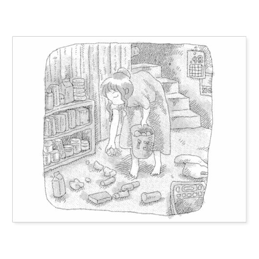 さなささじ 部屋の階段わきで屈んでたくさん落ちているゴミを拾う女性のイラスト RUBBERSTEMPEL (Afrduk)
