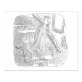 さなさにじ 薄暗い水色の下り階段を手すりを持ってゆっくり歩いているワンピースの女性のイラスト RUBBERSTEMPEL (Afrduk)