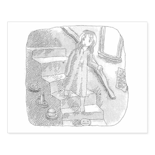 さなさにじ  薄暗い水色の下り階段を手すりを持ってゆっくり歩いているワンピースの女性のイラスト RUBBERSTEMPEL (Afrduk)