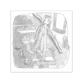 さなさにじ  薄暗い水色の下り階段を手すりを持ってゆっくり歩いているワンピースの女性のイラスト  ZELFINKTENDE STEMPEL