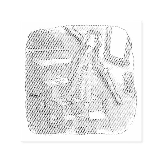 さなさにじ  薄暗い水色の下り階段を手すりを持ってゆっくり歩いているワンピースの女性のイラスト  ZELFINKTENDE STEMPEL (Design)