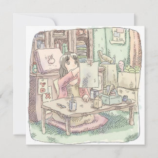 さなししじ 部屋で茶色い机の前に座って書き上げた紙を持っている女性のイラスト NOTITIEKAARTJE