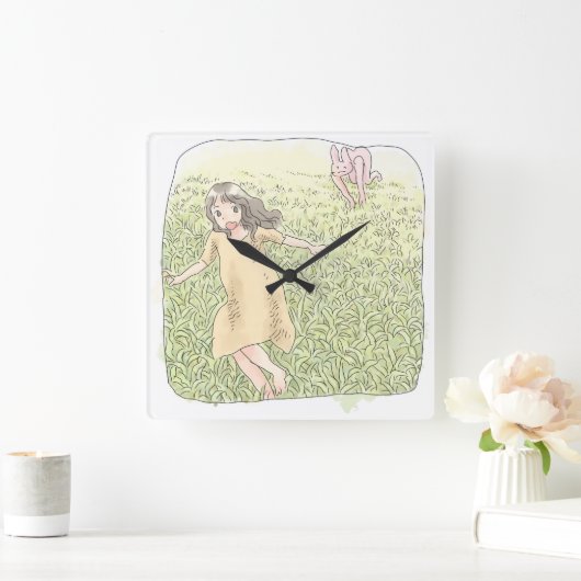 さなしむじ 広い緑の草原を追いかける兎から走って逃げる橙色のワンピースの女性 VIERKANTE KLOK (Huis)