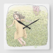 さなしむじ　広い緑の草原を追いかける兎から走って逃げる橙色のワンピースの女性 VIERKANTE KLOK (Voorkant)