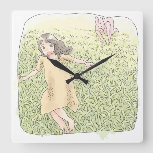 さなしむじ 広い緑の草原を追いかける兎から走って逃げる橙色のワンピースの女性 VIERKANTE KLOK (Voorkant)