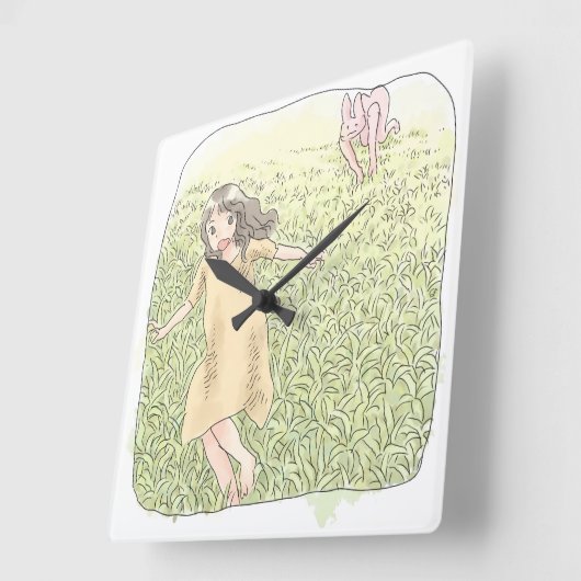 さなしむじ　広い緑の草原を追いかける兎から走って逃げる橙色のワンピースの女性 VIERKANTE KLOK (Hoek)