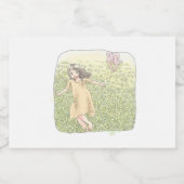 さなしむじ 広い緑の草原を追いかける兎から走って逃げる橙色のワンピースの女性 VOEDSELCONTAINER ETIKET (Enkel label)