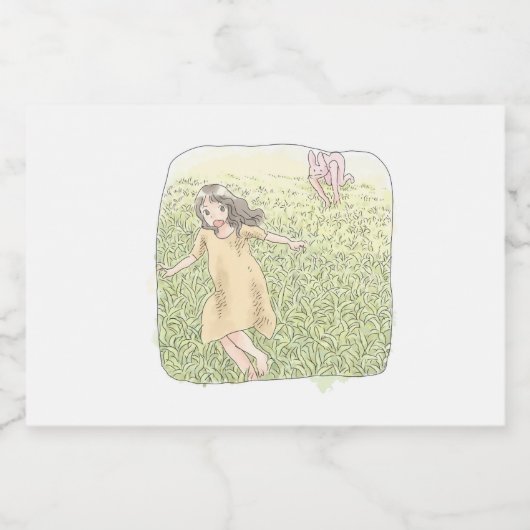 さなしむじ 広い緑の草原を追いかける兎から走って逃げる橙色のワンピースの女性 VOEDSELCONTAINER ETIKET (Enkel label)