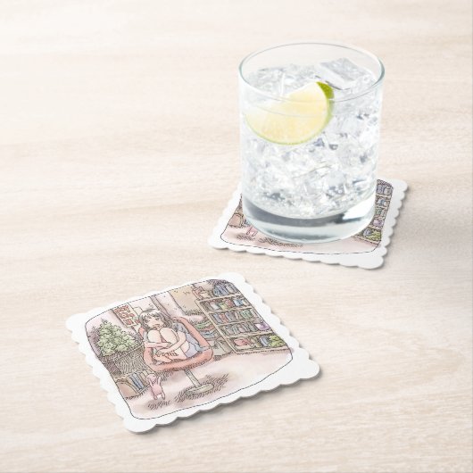 さなにくじ 本棚のある部屋、赤い椅子の上に座って身体を丸める女性のイラスト KARTONNEN ONDERZETTERS (Insitu)