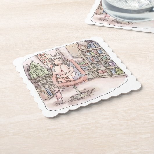 さなにくじ 本棚のある部屋、赤い椅子の上に座って身体を丸める女性のイラスト KARTONNEN ONDERZETTERS (Gebogen)