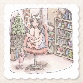 さなにくじ  本棚のある部屋、赤い椅子の上に座って身体を丸める女性のイラスト KARTONNEN ONDERZETTERS