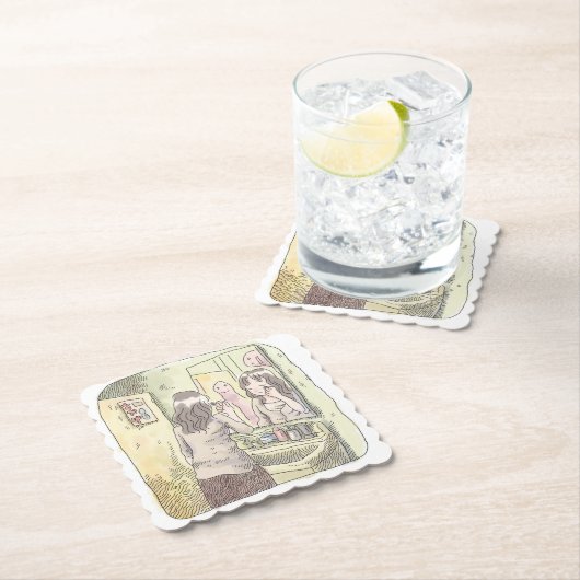 さなにしじ　黄色い洗面所で鏡に映る自分を見ながらメイク道具を使う女性のイラスト KARTONNEN ONDERZETTERS (Insitu)