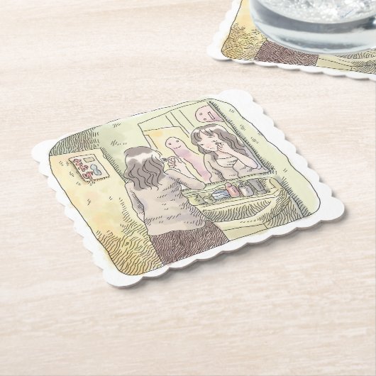 さなにしじ　黄色い洗面所で鏡に映る自分を見ながらメイク道具を使う女性のイラスト KARTONNEN ONDERZETTERS (Gebogen)