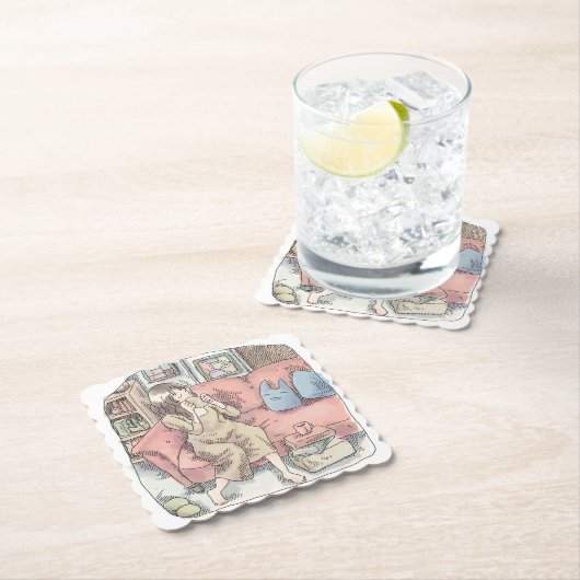 さなににじ お部屋の中で真っ赤なソファに腰を掛けてまったりカップをすする女性のイラスト KARTONNEN ONDERZETTERS (Insitu)