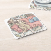 さなににじ　お部屋の中で真っ赤なソファに腰を掛けてまったりカップをすする女性のイラスト KARTONNEN ONDERZETTERS (Gebogen)