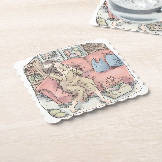 さなににじ　お部屋の中で真っ赤なソファに腰を掛けてまったりカップをすする女性のイラスト KARTONNEN ONDERZETTERS (Gebogen)